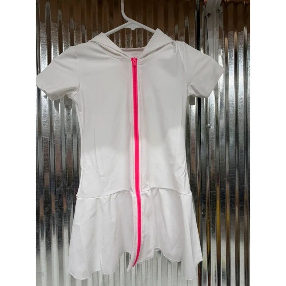 Girls 3-4Y UPF 50+ Hooded Swim Cover Up Dress White Pink Zip - new without tags
